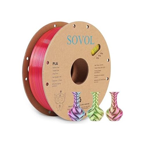  Sovol PLA Filament Silk Tri Color Co-Extrusion 1.75mm, 3D Printer Filament 1kg/ 2.2lbs, Shiny Silk Rose Blue Yellow 3 in 1 Coextrusion PLA Material +/-0.03mm