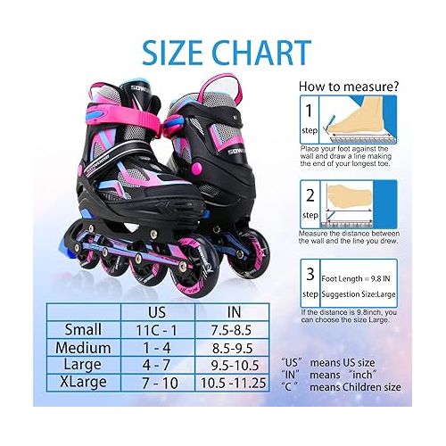  Sowume Adjustable Inline Skates for Girls and Boys, Roller skates with All Light Up Wheels, Patines para mujer for Kids and Adults, Men, Women