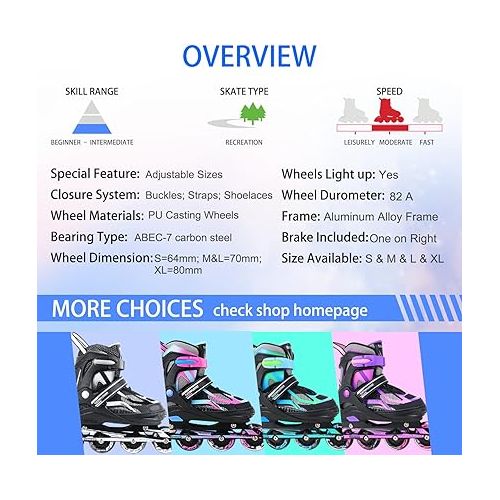  Sowume Adjustable Inline Skates for Girls and Boys, Roller skates with All Light Up Wheels, Patines para mujer for Kids and Adults, Men, Women