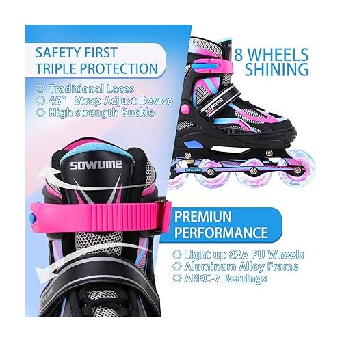  Sowume Adjustable Inline Skates for Girls and Boys, Roller skates with All Light Up Wheels, Patines para mujer for Kids and Adults, Men, Women