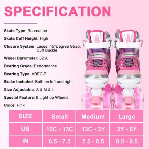  Sowume Adjustable Roller Skates for Girls and Women, All 8 Wheels of Girls Skates Shine, Safe and Fun Illuminating for Kids