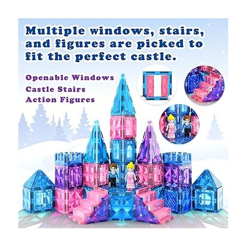  Frozen Toys for Girls Magnetic Tiles 102pcs with 2 Stairs 2 Dolls Princess Castle Building Toys Girls Toys Age 4-5 6-8 Magnetic Blocks Birthday Gifts & Toys for 3 4 5 6 7 8+ Year Old