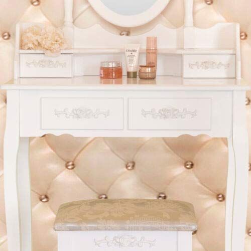  Space Wagon 4 Drawer Vanity Makeup Dressing Table Set w/Stool&Mirror Jewelry Wood Desk