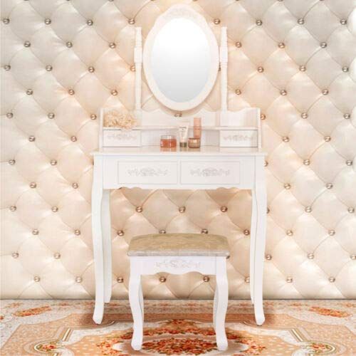  Space Wagon 4 Drawer Vanity Makeup Dressing Table Set w/Stool&Mirror Jewelry Wood Desk