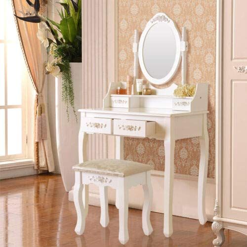  Space Wagon 4 Drawer Vanity Makeup Dressing Table Set w/Stool&Mirror Jewelry Wood Desk