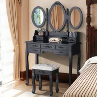 Space Wagon 7 Drawers Vanity Makeup Table Dressing Table Set Desk w/3 Mirrors & Stool Black
