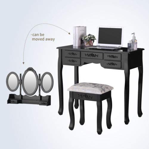  Space Wagon 7 Drawers Vanity Makeup Table Dressing Table Set Desk w/3 Mirrors & Stool Black