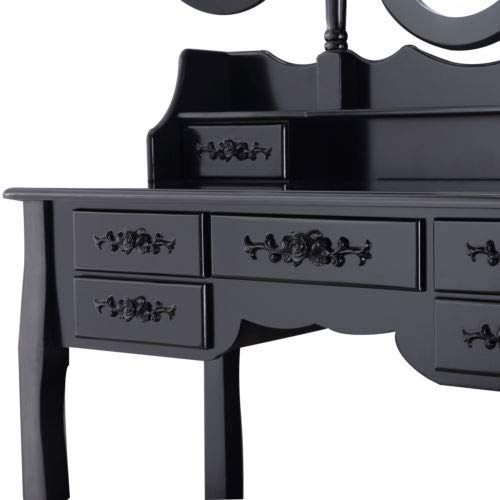  Space Wagon 7 Drawers Vanity Makeup Table Dressing Table Set Desk w/3 Mirrors & Stool Black