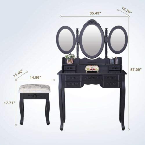  Space Wagon 7 Drawers Vanity Makeup Table Dressing Table Set Desk w/3 Mirrors & Stool Black