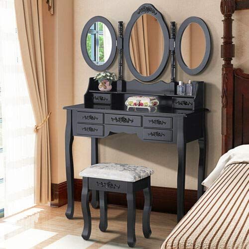  Space Wagon 7 Drawers Vanity Makeup Table Dressing Table Set Desk w/3 Mirrors & Stool Black