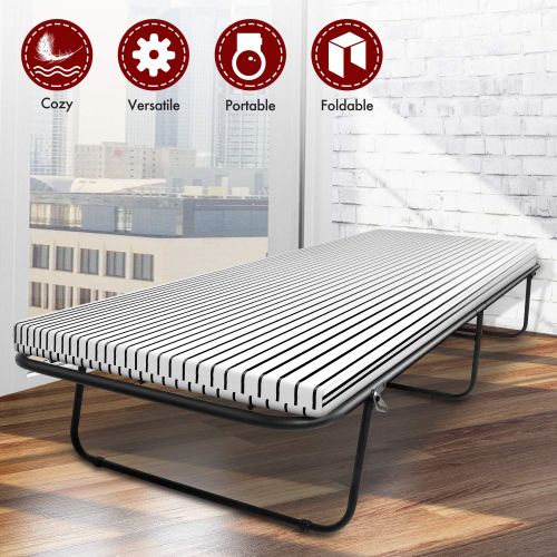  Space innovations Folding Camping cot,Portable Guest Bed,Collapsiable Cot,Single Size Convertible Folding Metal Bed Frame, Comfortable Foam Mattress,Space Saving Hideaway Bed,No Assembly Required