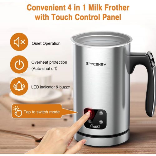  Milk Frother, 10oz/300ml Electric Milk Warmer with Touch Screen, 4.7oz/140ml Hot & Cold Foam Maker with Buzzer, 4 IN 1 Spacekey Automatic Stainless Steel Milk Steamer for Coffee an