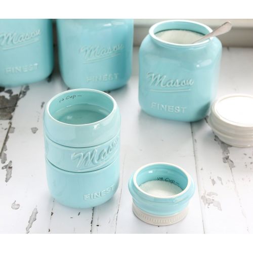  Sparrow Decor Mason Jar Measuring Cups Set - Set of 4 Ceramic Measuring Cups (1/4, 1/3, 1/2, 1 Cup) in Rustic, Antique, Farmhouse Design Perfect for Your Kitchen (Blue)
