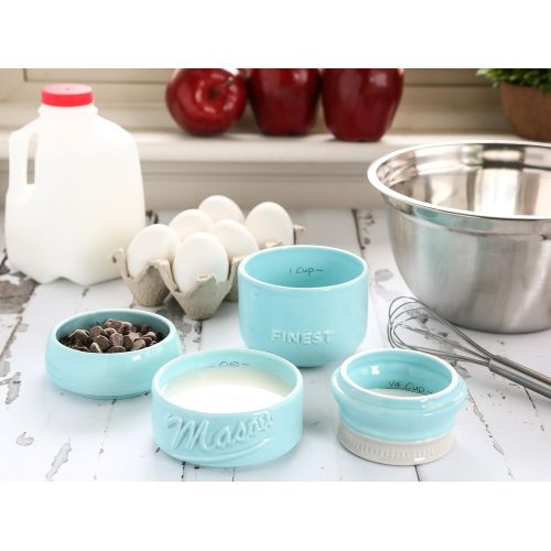  Sparrow Decor Mason Jar Measuring Cups Set - Set of 4 Ceramic Measuring Cups (1/4, 1/3, 1/2, 1 Cup) in Rustic, Antique, Farmhouse Design Perfect for Your Kitchen (Blue)