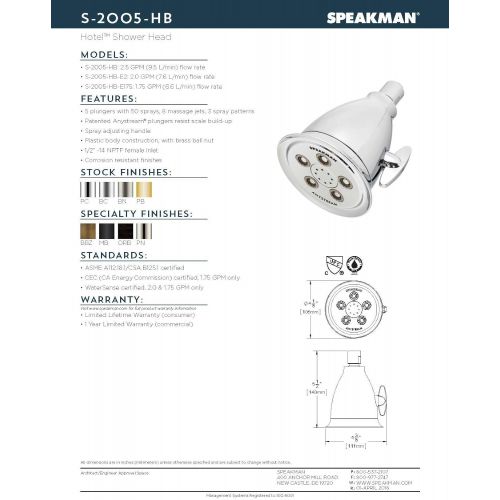  Speakman, Polished Chrome S-2005-HB Hotel Anystream High Pressure Shower Head-2.5 GPM Adjustable Replacement Bathroom Showerhead