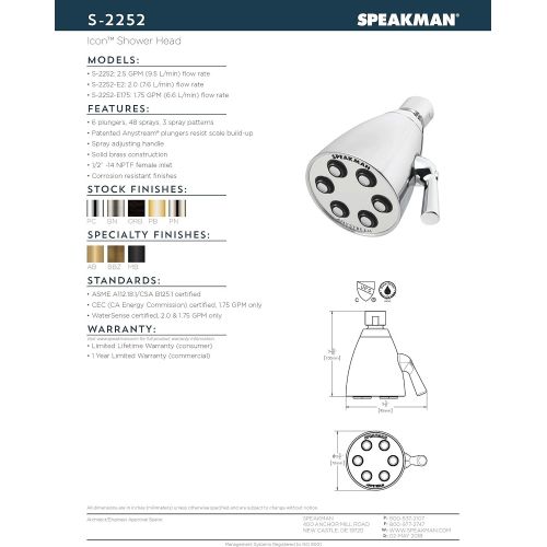  Speakman S-2252-BN Signature Brass Icon Anystream High Pressure Adjustable Shower Head, Brushed Nickel