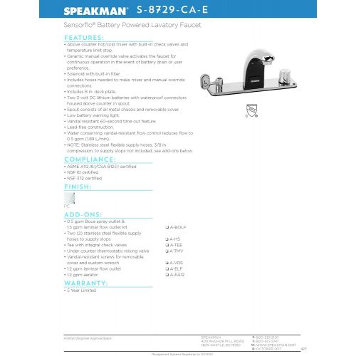  Speakman S-8710-CA-E SensorFlo Classic Battery-Powered Lavatory Sensor Faucet with 4 in. Deck Plate, Polished Chrome