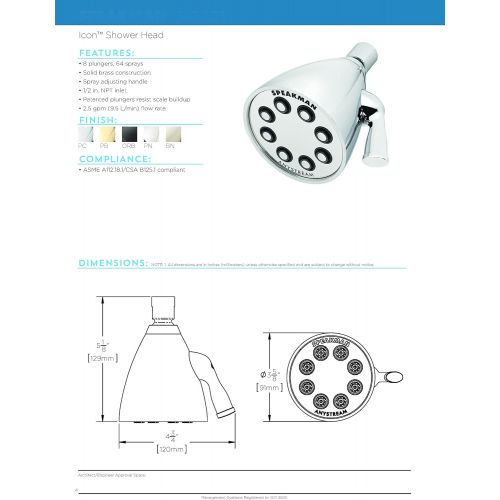  Speakman S-2251 Signature Icon Anystream High Pressure Adjustable Solid Brass Shower Head, Polished Chrome