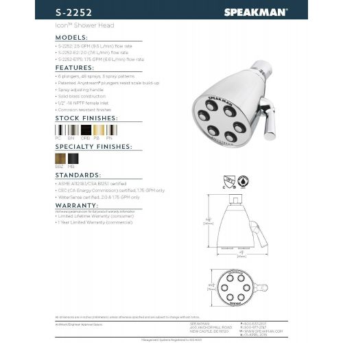  Speakman S-2252 Signature Brass Icon Anystream High Pressure Adjustable Shower Head, Polished Chrome