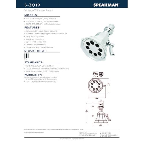  Speakman S-3019 Vintage Anystream High Pressure Adjustable 2.5 GPM Solid Brass Shower Head, Polished Chrome