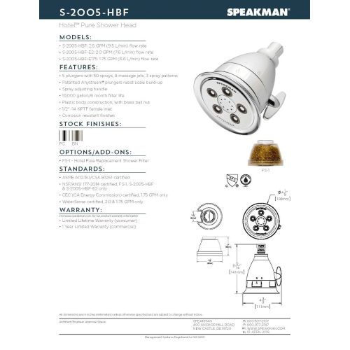 Speakman S-2005-HBFBN Hotel Pure Anystream High Pressure Shower Head-2.5 GPM Adjustable Showerhead with Filter, Brushed Nickel