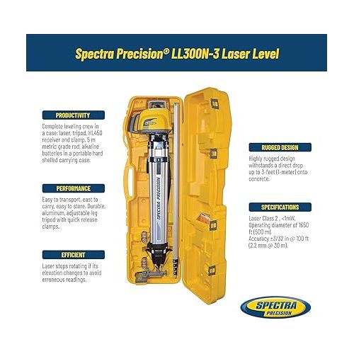  Spectra Precision LL300N-3 Laser Level, Self Leveling Kit with HL450 Receiver, Clamp, 4.7 Meter Grade Rod / Metric and Tripod , Black