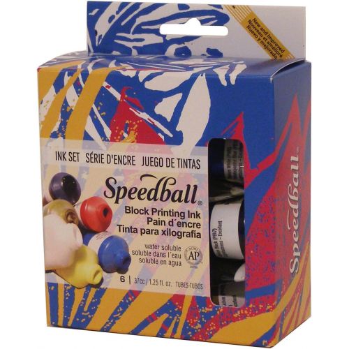  Speedball Water-Soluble Block Printing Ink Starter Set  6 Bold Colors With Satiny Finish - 1.25 FL OZ Tubes - 3470