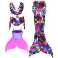 Speedcarbon11 Kids Girls Swimsuit Mermaid Tail Swimming Bikini Set Swimwear 4pcs Set Includes Fin