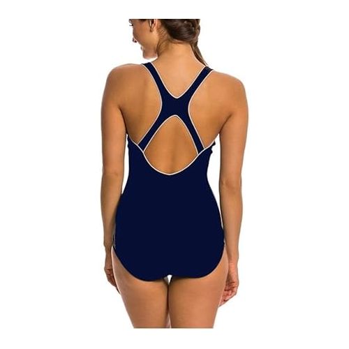 스피도 Speedo Women's One Piece Swimsuit,Keyhole Racerback, Moderate Cut Contrast Trim (Peacoat, XX-Large)