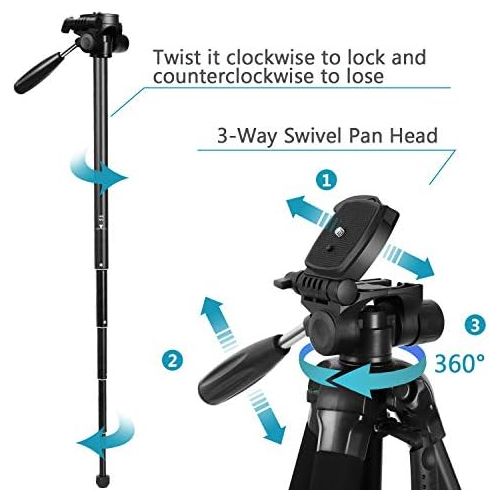  [아마존베스트]Speedsporting 177 cm Lightweight Tripod Camera Tripod with Mobile Phone Holder and Monopod, Aluminium Tripod Photo Tripod with 3-Way Swivel Pan Head for Smartphone DSLR SRL Canon N