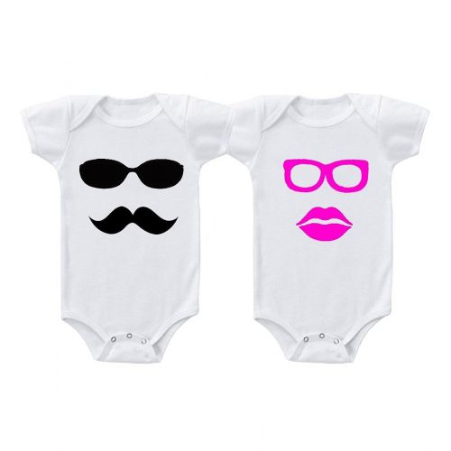  Speedy Pros Glasses Boy Girl Twins Infant Short Sleeve Baby Bodysuits One Piece Set Of 2 Newborn White