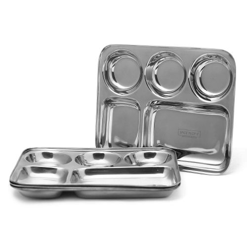  Spice People SPICE PEOPLE Compartment Plates Steel - Compartment Food Tray - Divided Trays - Food Separator Plate - Stainless Steel 5 in 1 Five Compartment Dinner Plate| Set of 4 Pc | 34 cm.