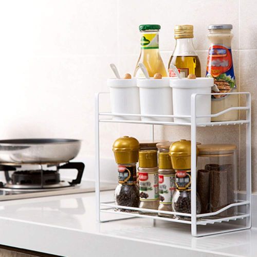  Spice Rack, Wrought Iron Hollow 2 Layer Sauce Bottle Storage Rack Bathroom Kitchen Rack Black White