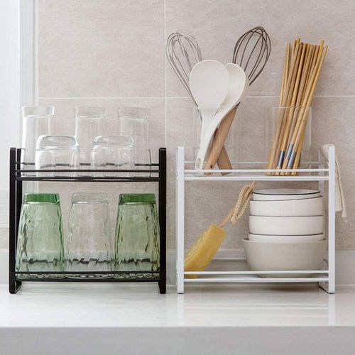  Spice Rack, Wrought Iron Hollow 2 Layer Sauce Bottle Storage Rack Bathroom Kitchen Rack Black White