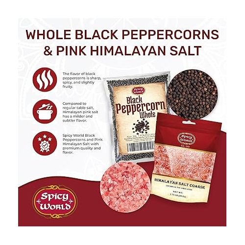  Spicy World Whole Black Peppercorns 16 Oz + Himalayan Pink Salt Coarse 1.75 LB (28 Oz)