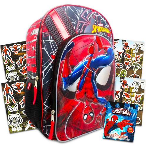  Spider-Man Marvel Spiderman Backpack for Boys ~ Deluxe 16 Inch Marvel Backpack with Over 400 Stickers (Spiderman School Supplies Set)
