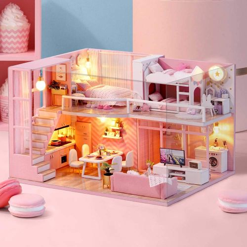  Spilay DIY Miniature Dollhouse Wooden Furniture Kit,Handmade Mini Modern Apartment Model Plus with Dust Cover & Music Box ,1:24 Scale Creative Doll House Toys for Children Girl Gif