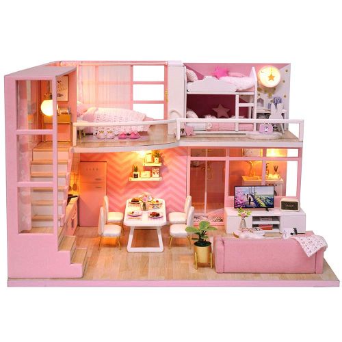  Spilay DIY Miniature Dollhouse Wooden Furniture Kit,Handmade Mini Modern Apartment Model Plus with Dust Cover & Music Box ,1:24 Scale Creative Doll House Toys for Children Girl Gif