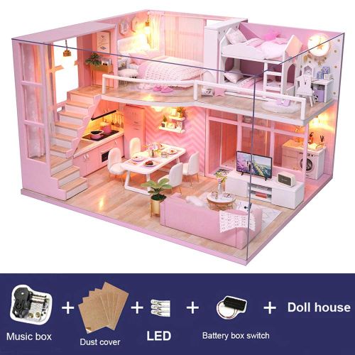  Spilay DIY Miniature Dollhouse Wooden Furniture Kit,Handmade Mini Modern Apartment Model Plus with Dust Cover & Music Box ,1:24 Scale Creative Doll House Toys for Children Girl Gif