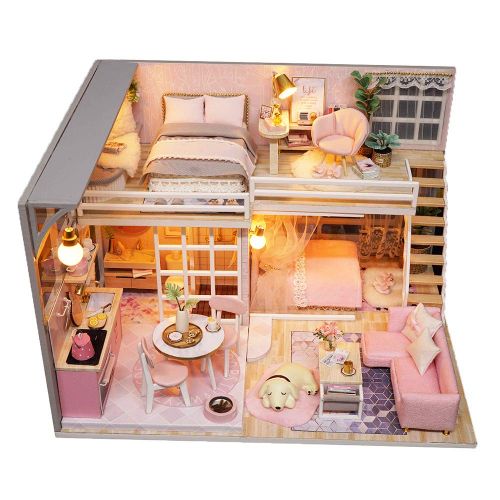  Spilay DIY Miniature Dollhouse Wooden Furniture Kit,Handmade Mini Modern Apartment Model Plus with Dust Cover & Music Box ,1:24 Scale Creative Doll House Toys for Children Girl Gif