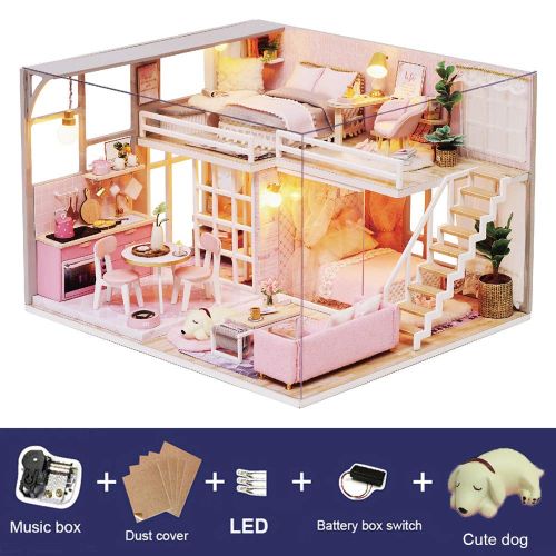  Spilay DIY Miniature Dollhouse Wooden Furniture Kit,Handmade Mini Modern Apartment Model Plus with Dust Cover & Music Box ,1:24 Scale Creative Doll House Toys for Children Girl Gif