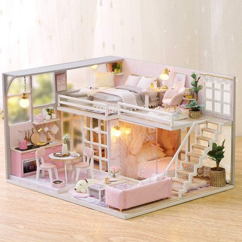  Spilay DIY Miniature Dollhouse Wooden Furniture Kit,Handmade Mini Modern Apartment Model Plus with Dust Cover & Music Box ,1:24 Scale Creative Doll House Toys for Children Girl Gif