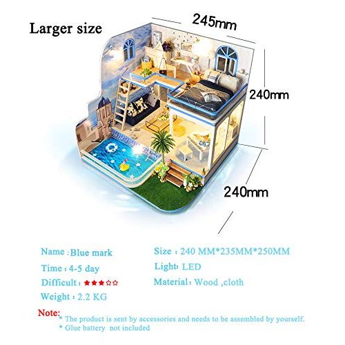  Spilay DIY Miniature Dollhouse Wooden Furniture Kit,Handmade Mini Modern Duplex Home Model with LED&Music Box ,1:24 Scale 3D Puzzle Creative Doll House Toys for Children Gift(Blue