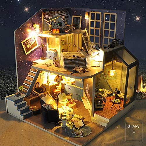  Spilay DIY Miniature Dollhouse Wooden Furniture Kit,Handmade Mini Modern Duplex Home Model with LED&Music Box ,1:24 Scale 3D Puzzle Creative Doll House Toys for Children Gift(Blue