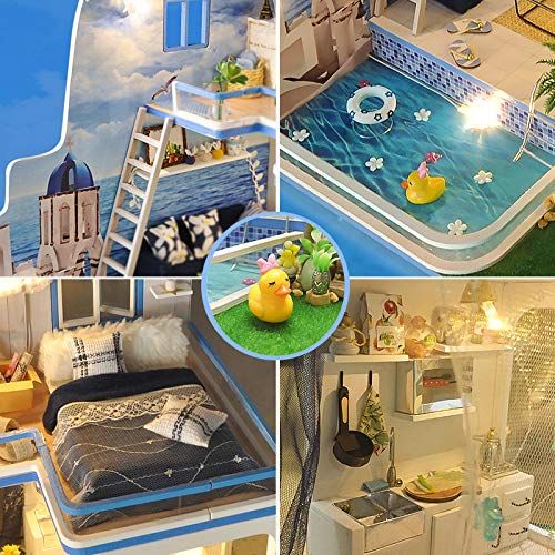  Spilay DIY Miniature Dollhouse Wooden Furniture Kit,Handmade Mini Modern Duplex Home Model with LED&Music Box ,1:24 Scale 3D Puzzle Creative Doll House Toys for Children Gift(Blue