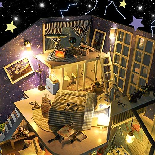  Spilay DIY Miniature Dollhouse Wooden Furniture Kit,Handmade Mini Modern Duplex Home Model with LED&Music Box ,1:24 Scale 3D Puzzle Creative Doll House Toys for Children Gift(Blue