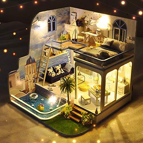  Spilay DIY Miniature Dollhouse Wooden Furniture Kit,Handmade Mini Modern Duplex Home Model with LED&Music Box ,1:24 Scale 3D Puzzle Creative Doll House Toys for Children Gift(Blue