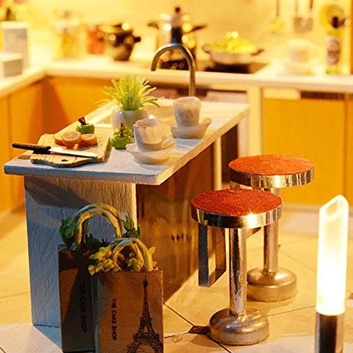  Spilay DIY Miniature Dollhouse Wooden Furniture Kit,Handmade Mini Modern Kitchen Home Model with LED Light&Music Box,1:24 Scale 3D Puzzle Creative Doll House Toys for Children Gift