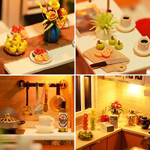  Spilay DIY Miniature Dollhouse Wooden Furniture Kit,Handmade Mini Modern Kitchen Home Model with LED Light&Music Box,1:24 Scale 3D Puzzle Creative Doll House Toys for Children Gift
