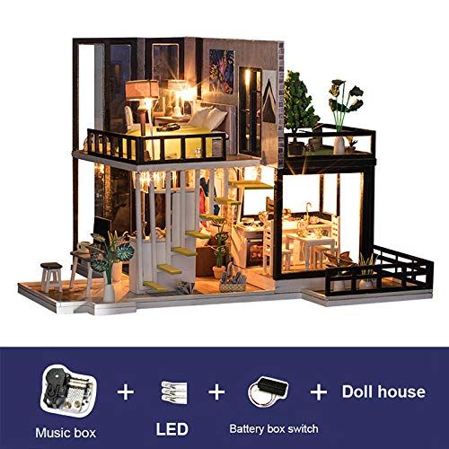  Spilay DIY Miniature Dollhouse Wooden Furniture Kit,Handmade Mini Modern Villa Model Plus with Dust Cover& Music Box ,1:24 Scale Creative Doll House Toys for Children (Hawaii Impre